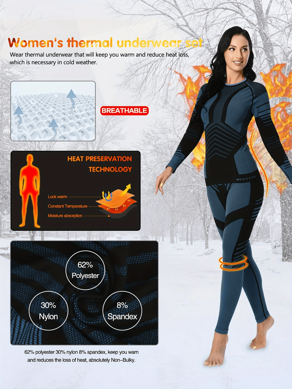 Woman wearing elastic seamless thermal base layer with striped pattern in snowy outdoor setting, highlighting breathable technology.