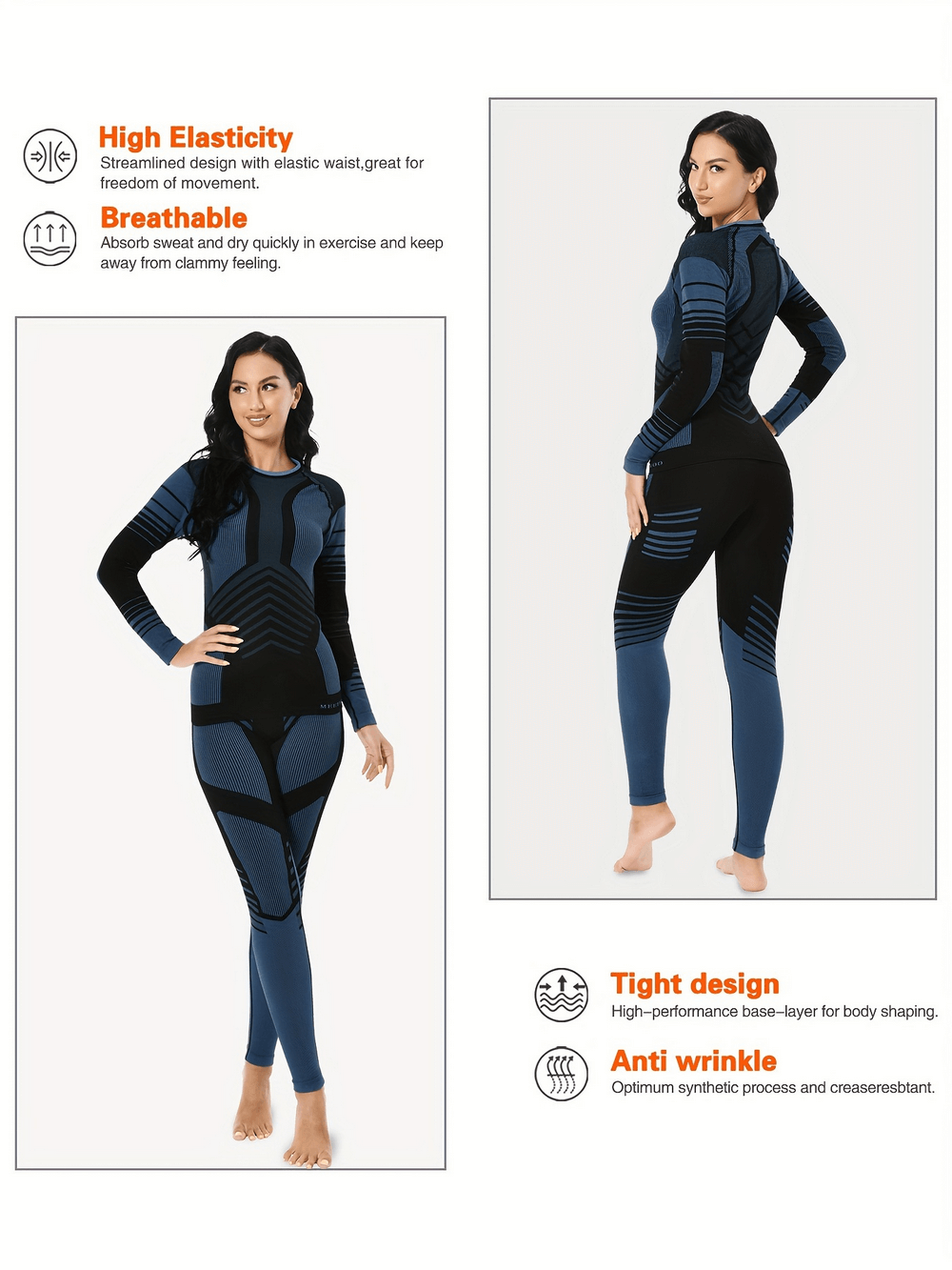 Women's striped thermal base layer set in blue with high elasticity and breathable design, perfect for outdoor activities.