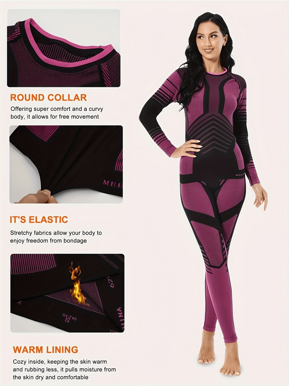 Women's elastic seamless thermal base layer top and leggings set with striped pattern and warm lining, featuring a round collar design.