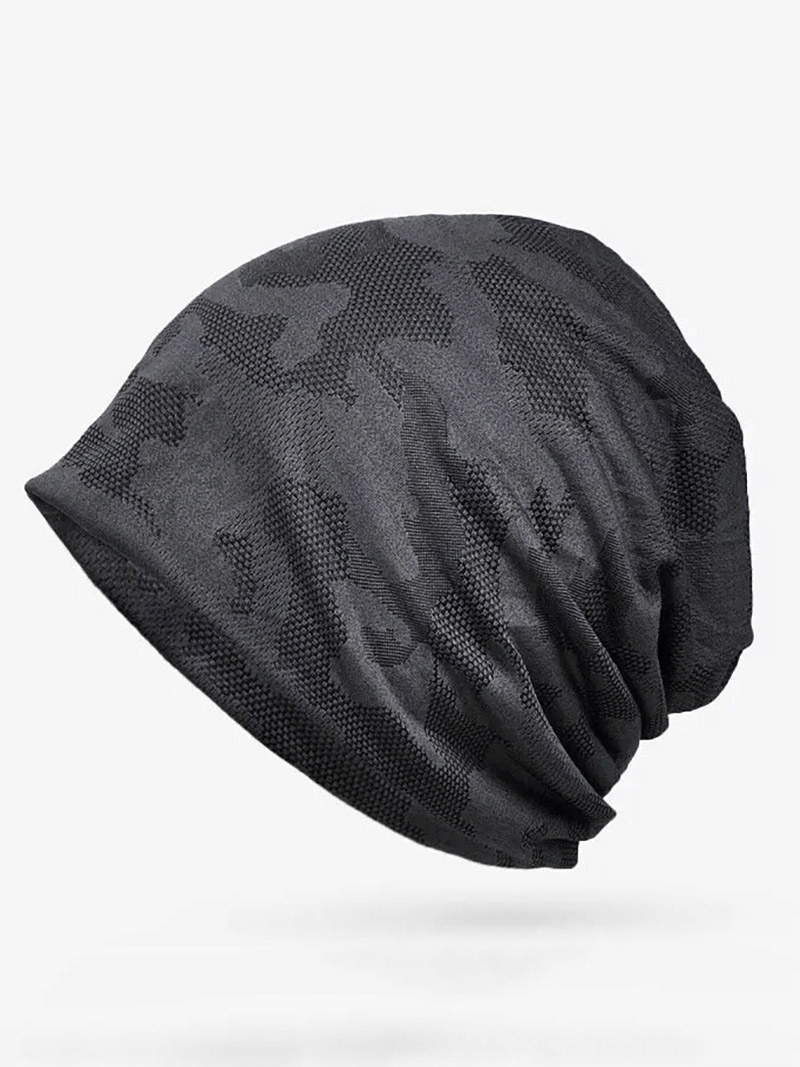 Elastic soft baggy beanie with geometric pattern for men and women, providing sun protection. Made from cotton and polyester blend.
