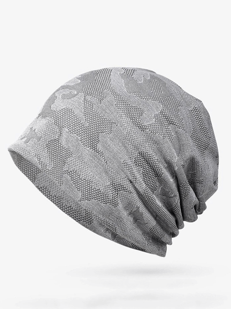 Stylish grey elastic soft baggy beanie for men and women, featuring a geometric pattern, made of cotton and polyester for comfort and sun protection.