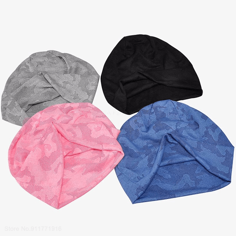Elastic soft baggy beanies in black, grey, pink, and blue with geometric patterns made from cotton and polyester, perfect for sun protection.