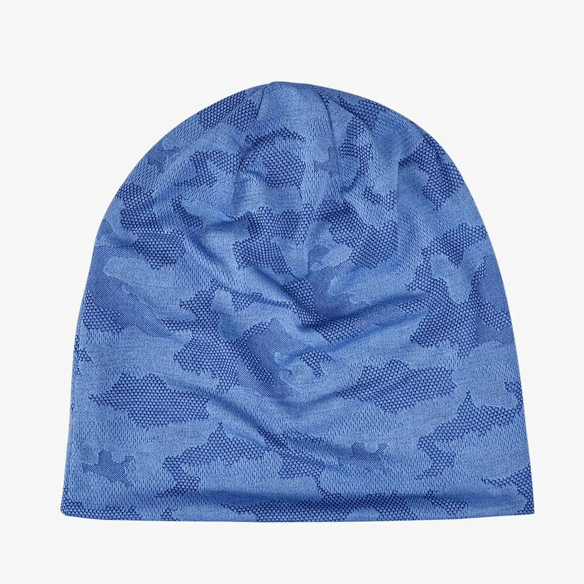 Blue elastic soft baggy beanie with geometric pattern, ideal for sun protection and unisex styling, model SF1679.