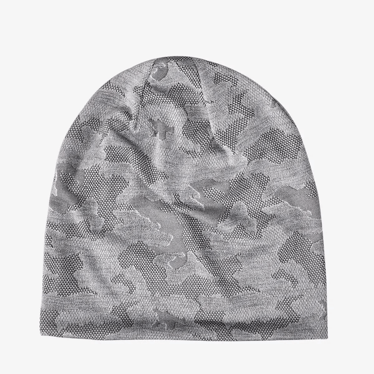 Gray geometric pattern elastic soft baggy beanie for men and women, crafted from cotton and polyester, ideal for sun protection.