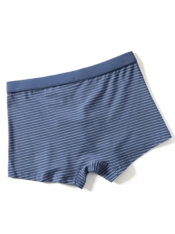 Striped blue men's boxer briefs featuring an elastic waistband, crafted from breathable, moisture-wicking fabric for comfort.