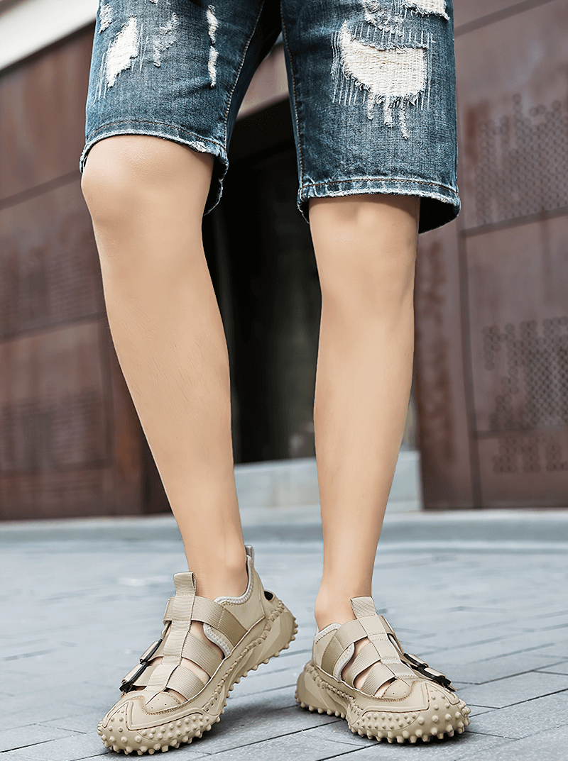 Elastic soles leather men's hiking sandals with breathable upper in a street setting, offering comfort and support with EVA insoles.