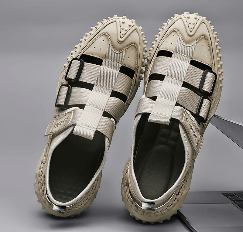 Elastic Soles Leather Men's Hiking Sandals with breathable upper, featuring nylon and PU leather, EVA insole, and flat rubber outsole.