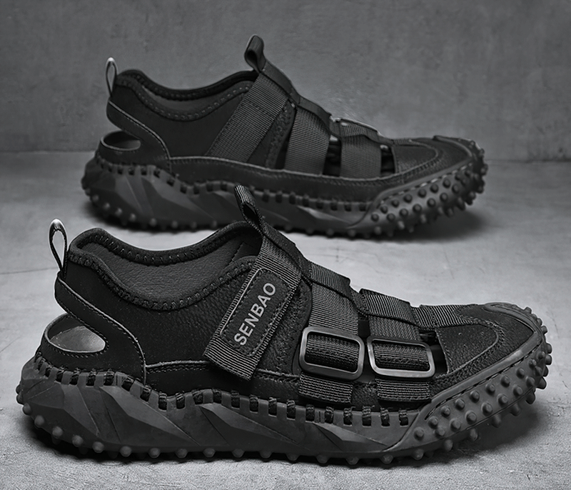 Elastic soles leather men's hiking sandals SF1396 with breathable nylon and PU upper, EVA insole, and rubber outsole for comfort.