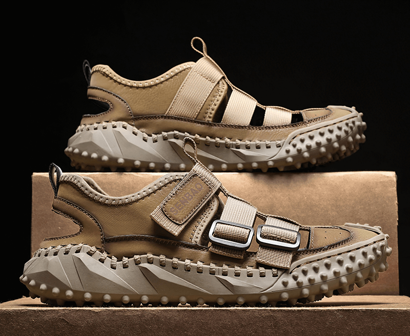 Elastic Soles Leather Men's Hiking Sandals SF1396 with breathable upper, durable rubber outsole, and hook & loop closure in tan color.