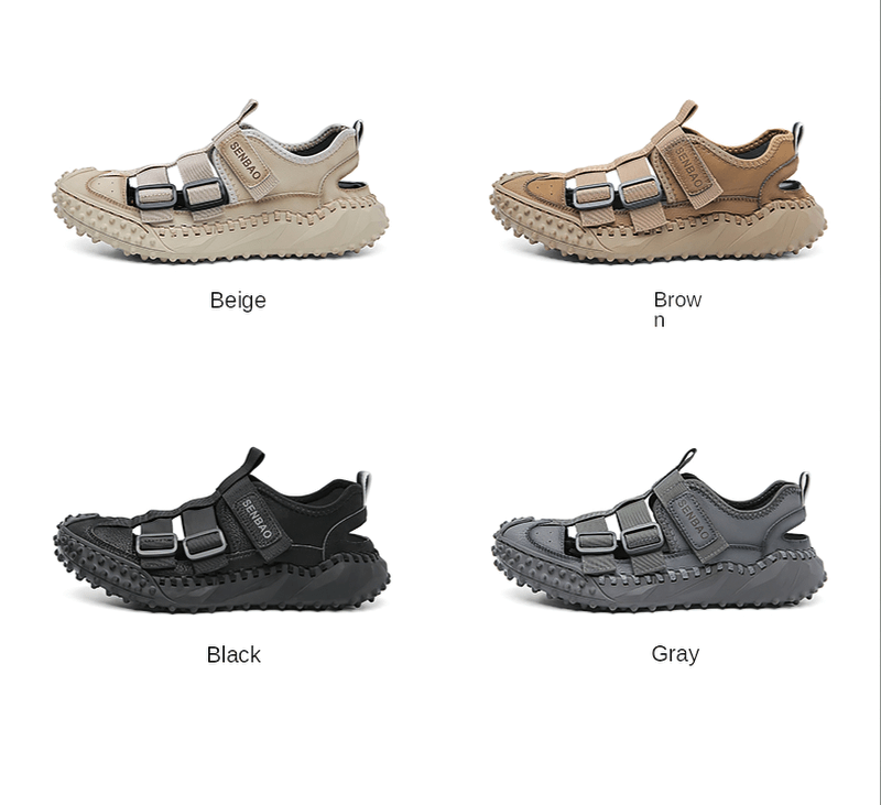 Four pairs of men's hiking sandals with elastic soles and breathable leather uppers in beige, brown, black, and gray.