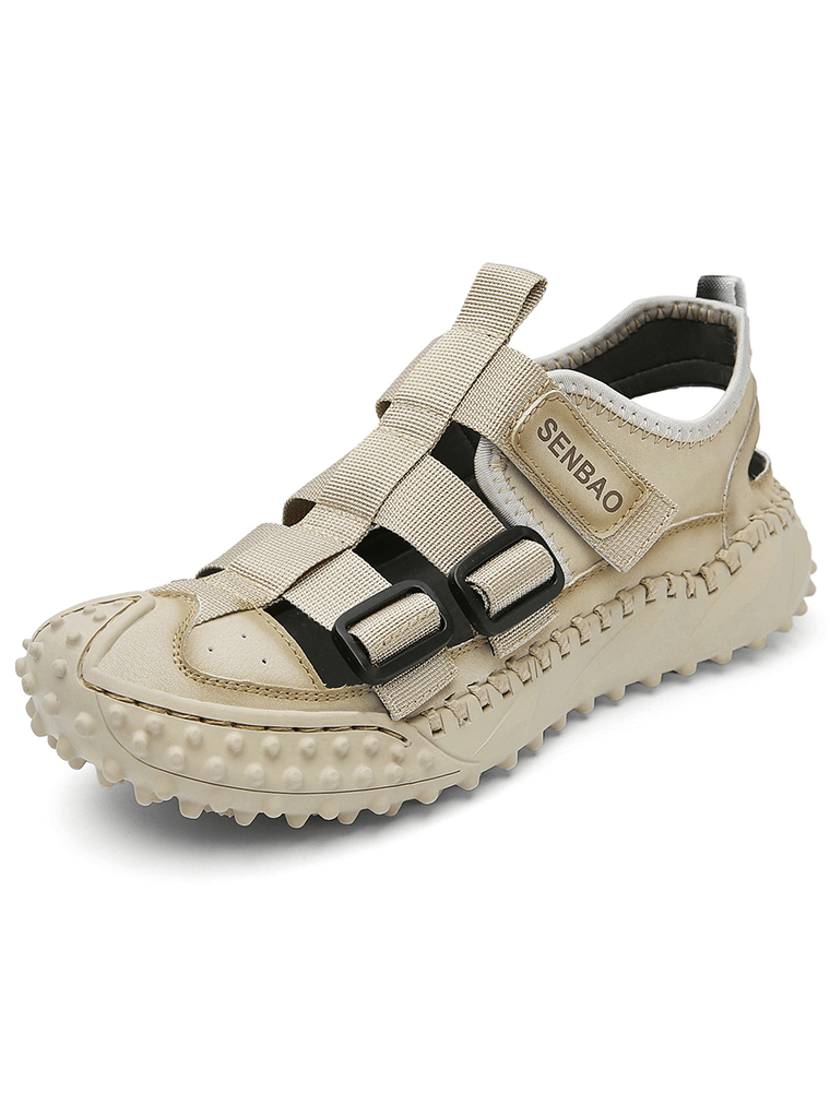 Elastic Soles Leather Men's Hiking Sandals with breathable upper and rugged design for ultimate comfort and durability in beige color.