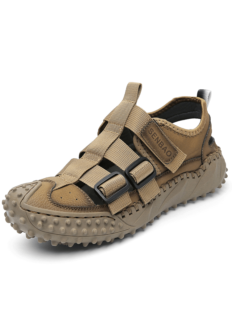 Elastic Soles Leather Men's Hiking Sandals with Breathable Upper in brown, featuring hook & loop and rugged rubber outsole for comfort and support.