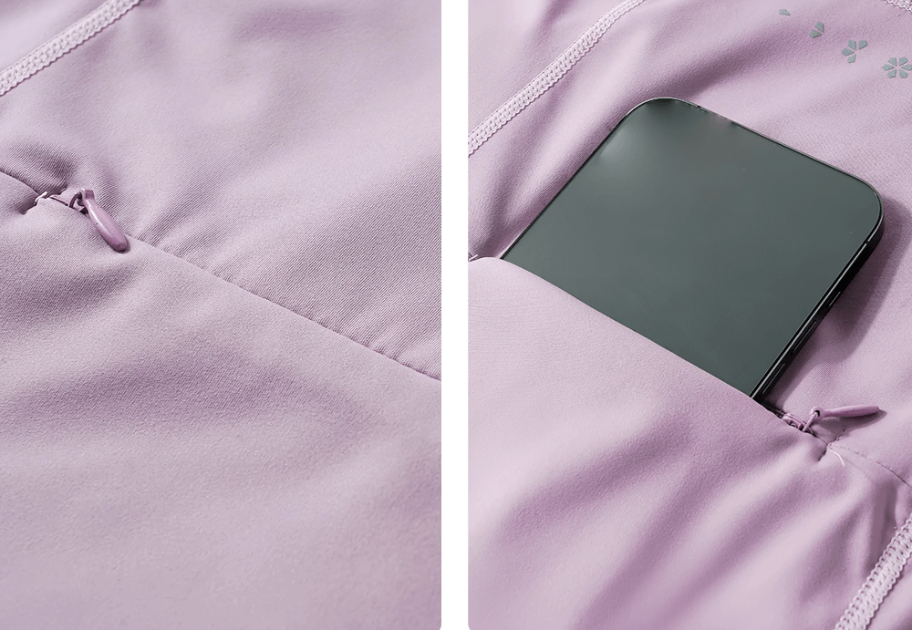 Alt Tag: Elastic Sport Half-Zip Running T-Shirts for Women - SF4382 close-up of quick-dry fabric pocket holding phone, smooth stretch workout top