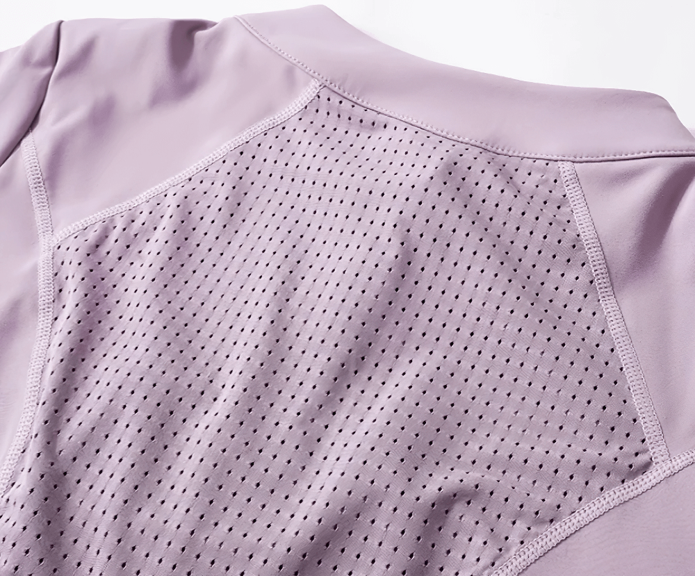 Alt Tag: Elastic Sport Half-Zip Running T-Shirts for Women - SF4382 close-up of breathable quick-dry mesh panel and stretch fabric