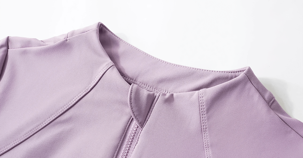 Alt Tag: Elastic Sport Half-Zip Running T-Shirts for Women - SF4382 quick-dry half-zip stand collar top in lavender, close-up zipper seam
