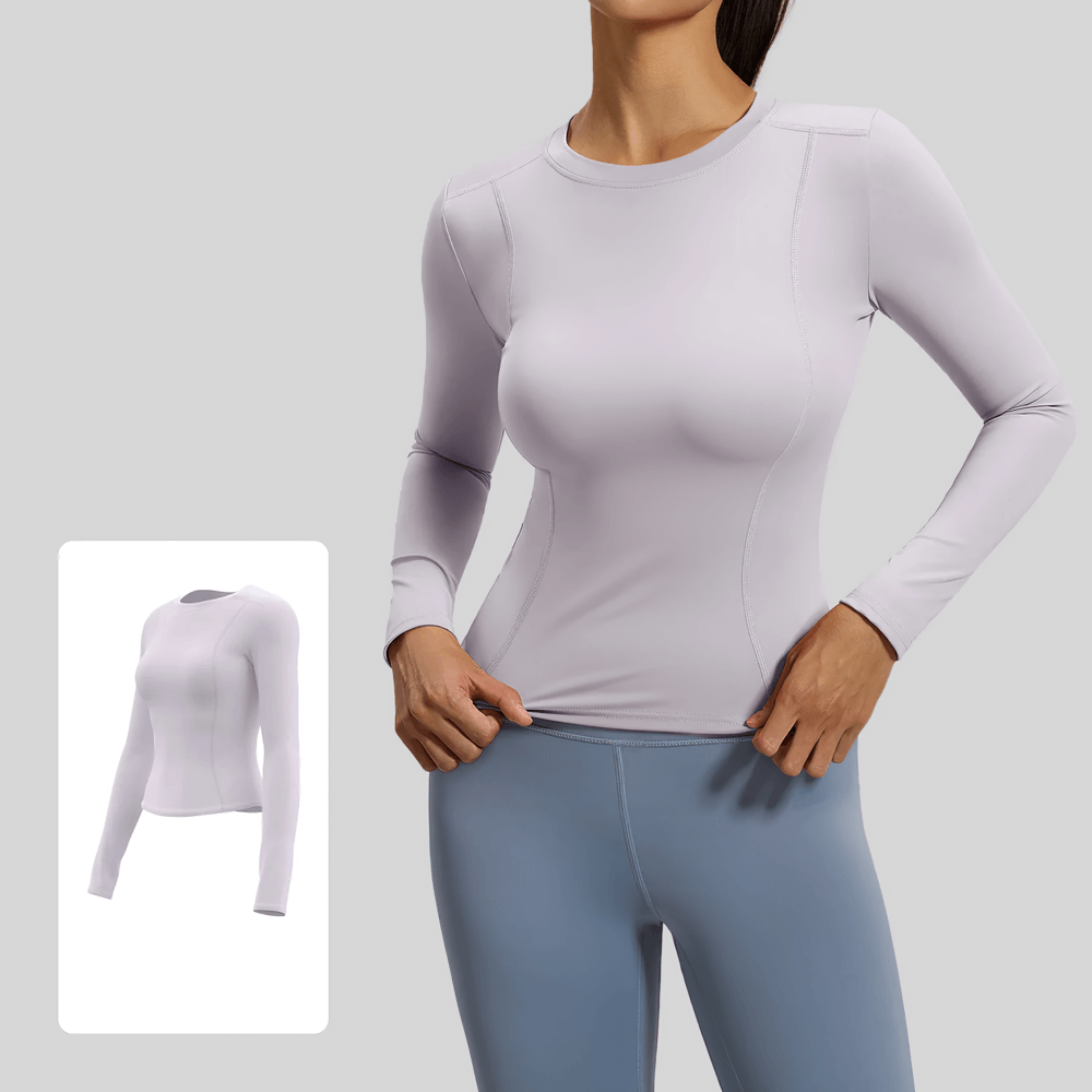 Elastic Sport Long Sleeve Top for Women - SF4131 shown on female model. Yoga sport top made of breathable polyester with full-sleeve design.