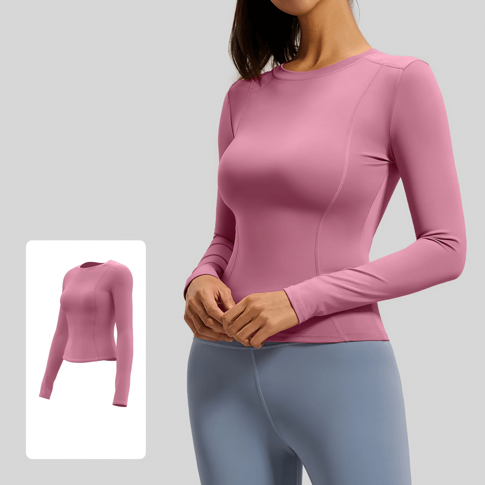 Woman wearing Elastic Sport Long Sleeve Top for Women - SF4131, showcasing breathable and durable pink yoga top