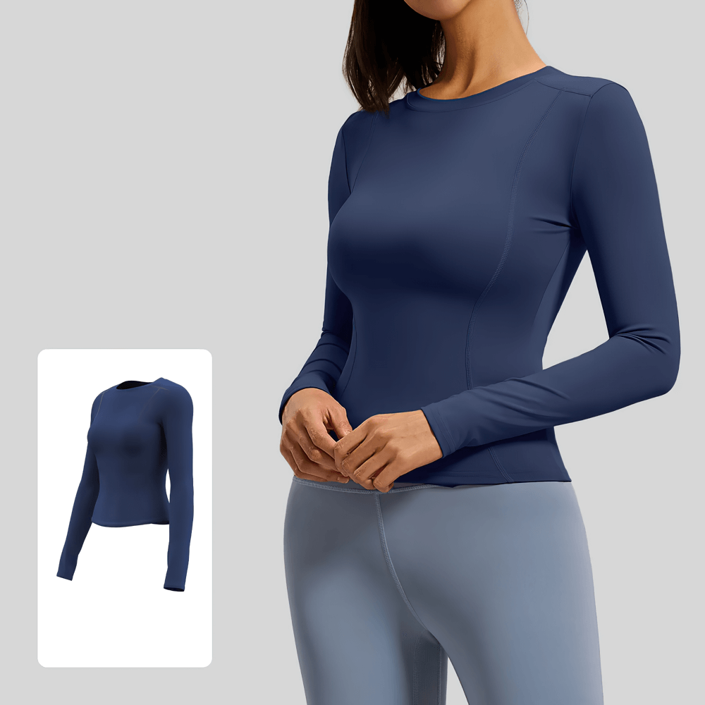 Woman wearing Elastic Sport Long Sleeve Top for Women - SF4131 in navy, featuring full-sleeve design for yoga and fitness activities.