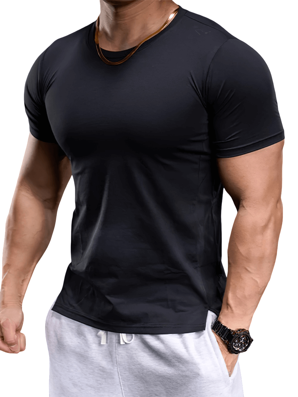 Alt Tag: Elastic Sports Tight T-Shirt for Gym and Training - SF4369 black fitted workout tee on male model, short sleeves