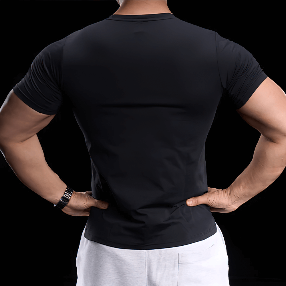 Alt Tag: Elastic Sports Tight T-Shirt for Gym and Training - SF4369 black compression fit tee back view for workout training