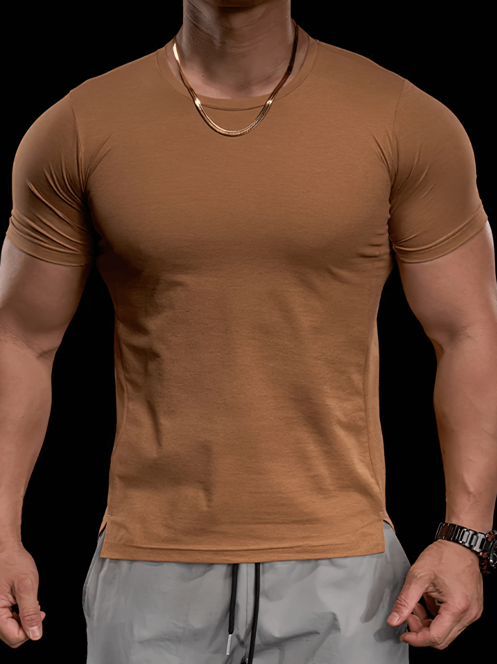Alt Tag: Elastic Sports Tight T-Shirt for Gym and Training - SF4369 fitted short-sleeve athletic tee on model, front view