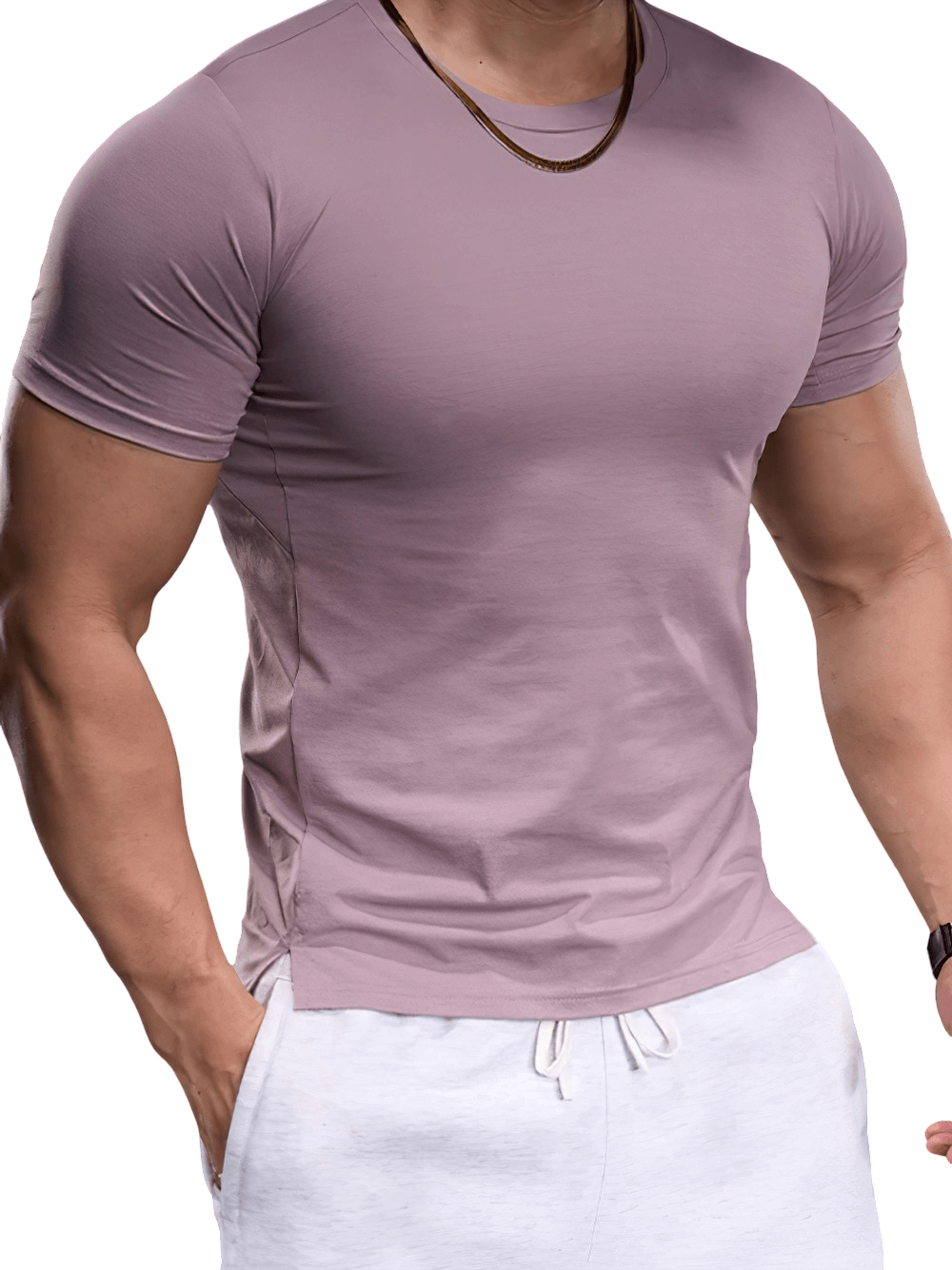 Alt Tag: Elastic Sports Tight T-Shirt for Gym and Training - SF4369 men's fitted athletic tee in mauve, short sleeve workout top