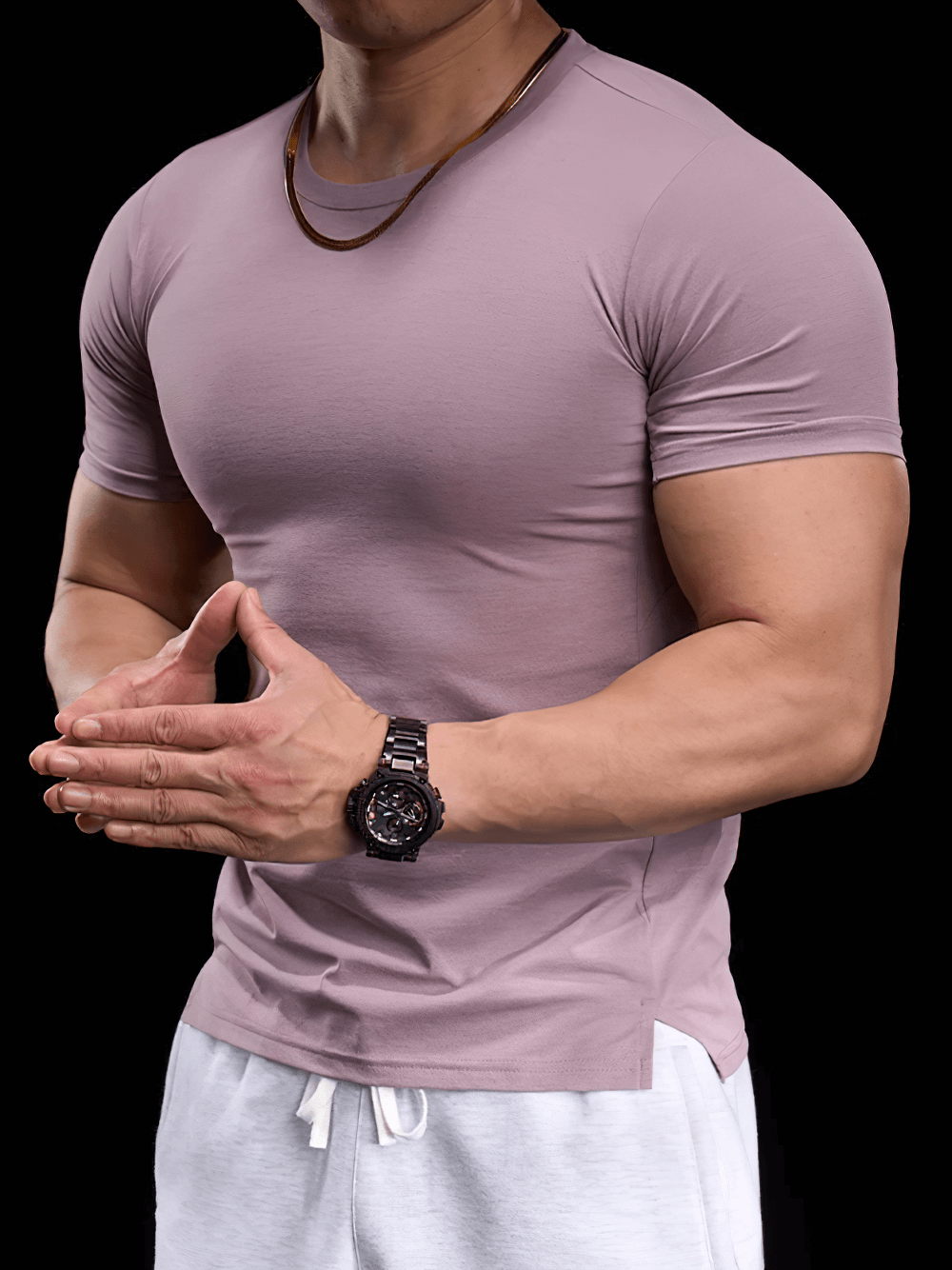 Alt Tag: Elastic Sports Tight T-Shirt for Gym and Training - SF4369 worn by muscular man, snug short-sleeve athletic tee for workouts