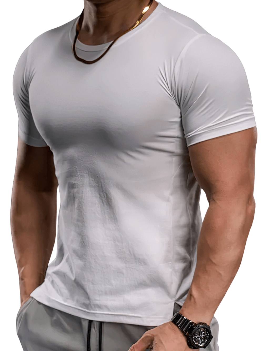 Alt Tag: Elastic Sports Tight T-Shirt for Gym and Training - SF4369 white fitted athletic tee on model, stretchy short-sleeve workout shirt