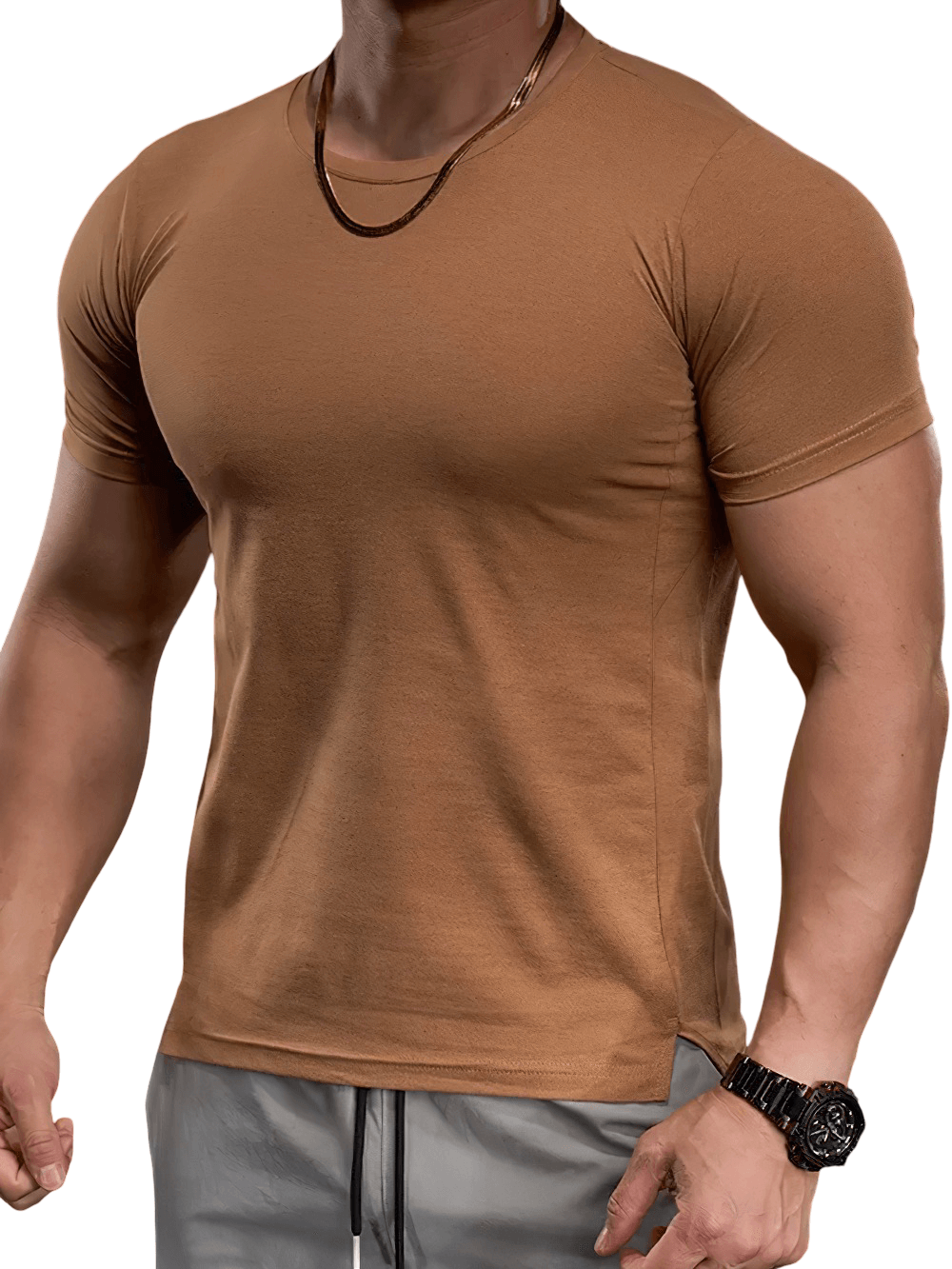 Alt Tag: Elastic Sports Tight T-Shirt for Gym and Training - SF4369 fitted short-sleeve athletic tee on model, stretchy gym training top