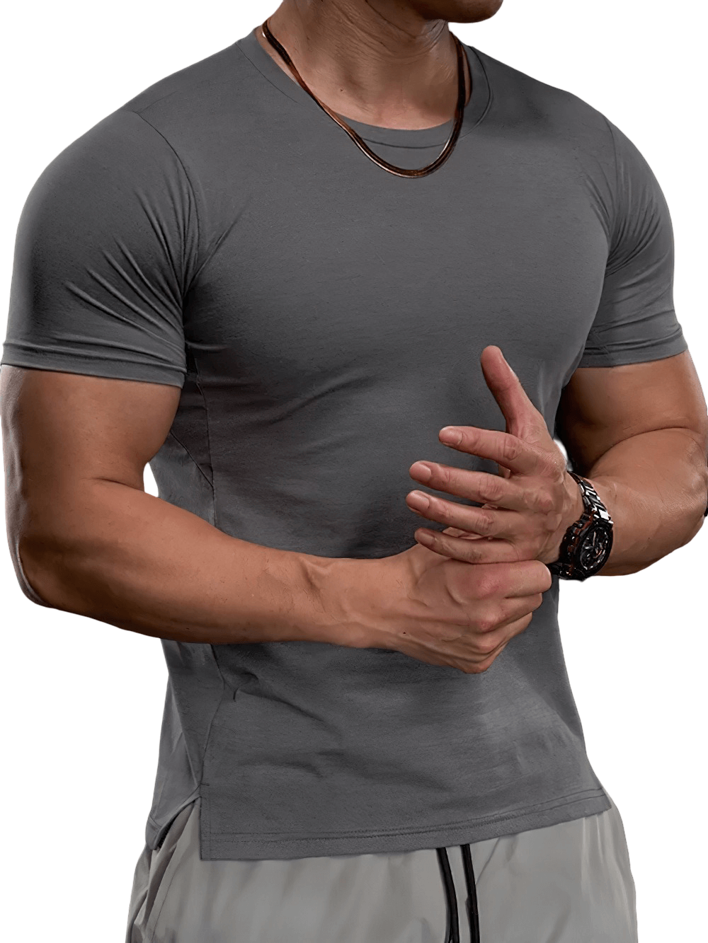 Alt Tag: Elastic Sports Tight T-Shirt for Gym and Training - SF4369 gray compression fit training tee on male model, short sleeve workout top