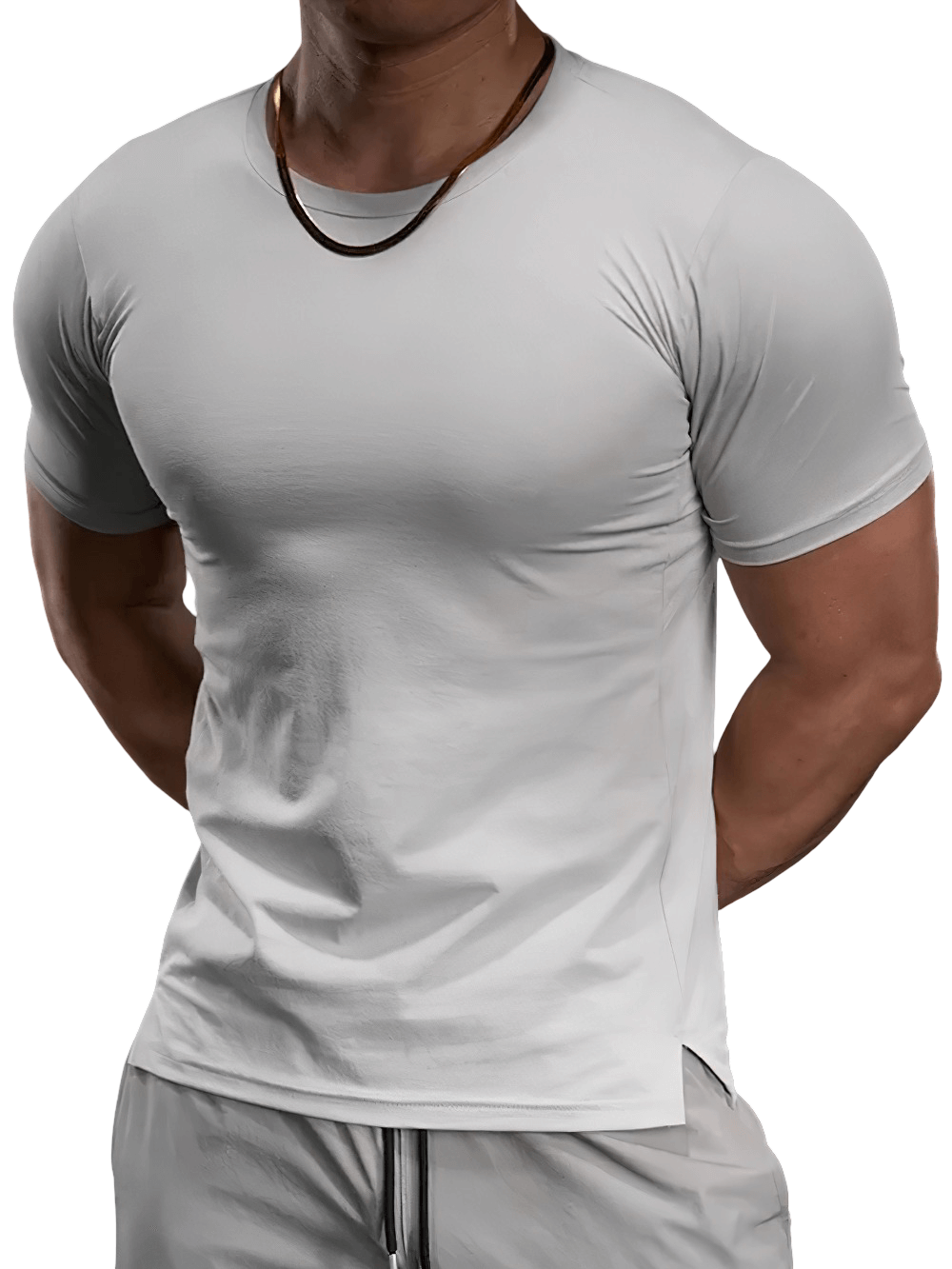 Alt Tag: Elastic Sports Tight T-Shirt for Gym and Training - SF4369 white fitted athletic tee on male torso, stretchy gym training top