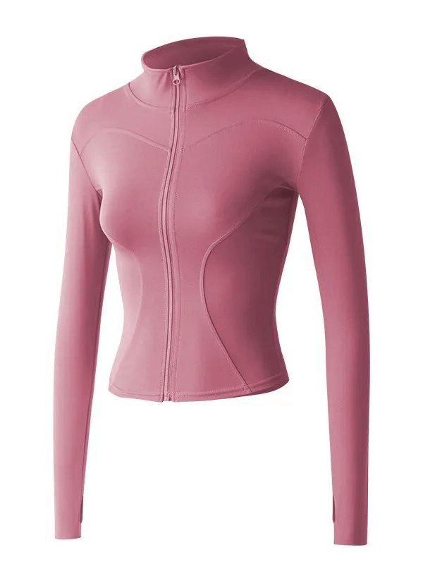 Elastic Women's Sports Jacket with Zipper and Finger Holes in Pink - SF1631
