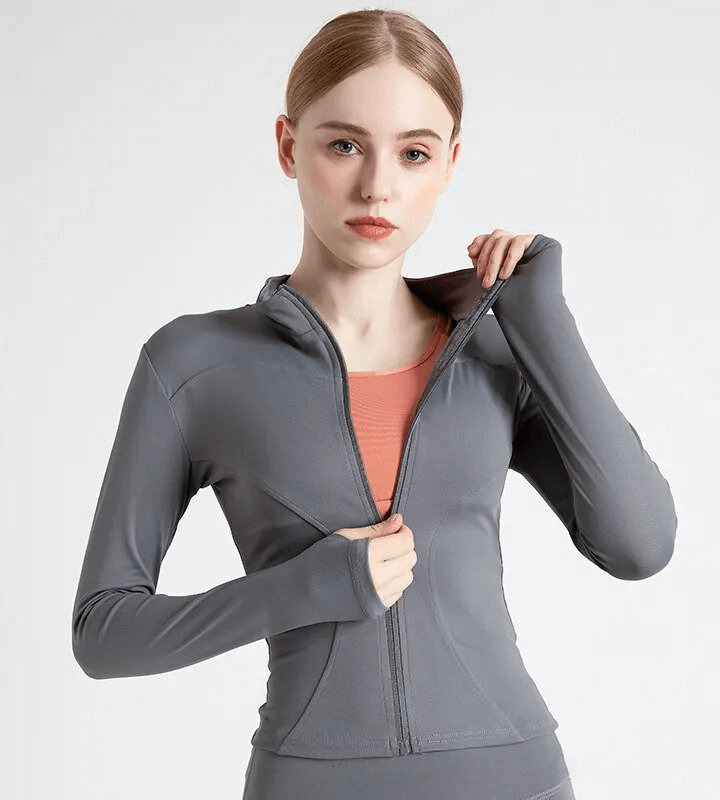 Elastic Sports Women's Jacket with Zipper and Finger Hole, perfect for running; windproof, waterproof, quick-drying fitness wear.
