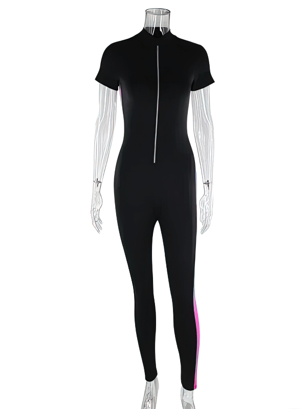 Elastic black women's sports jumpsuit with short sleeves, perfect for workouts and yoga, featuring stylish patchwork design.