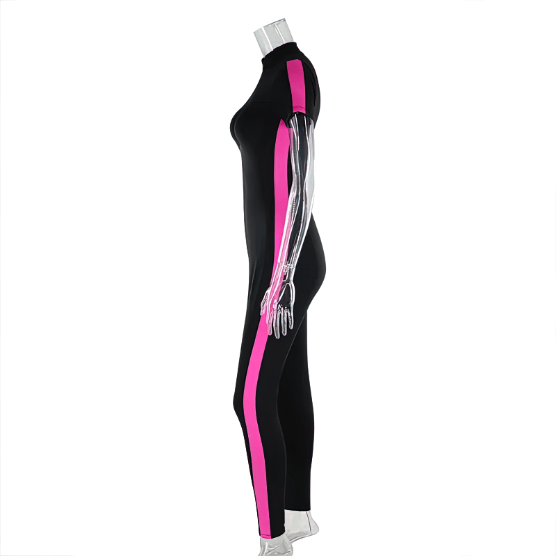 Side view of black and pink elastic sports jumpsuit for women with short sleeves, ideal for yoga and workouts.