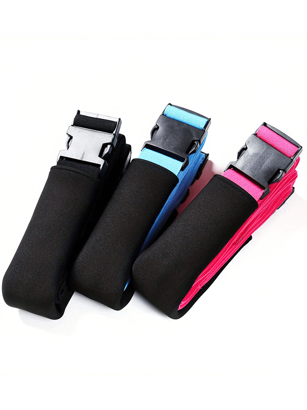 Colorful elastic stretch belts for strength, yoga, and dance training, featuring adjustable straps in black, blue, and pink.