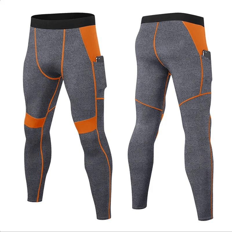 Men's elastic leggings with side pocket in gray and orange for training, featuring quick-dry fabric, full-length design.