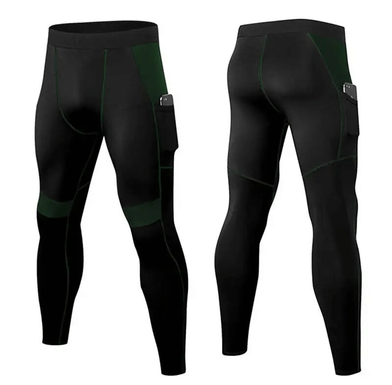 Elastic Men's Leggings with Side Pocket for Training - Black & Green, Quick-Drying Fabric, Perfect for Sports
