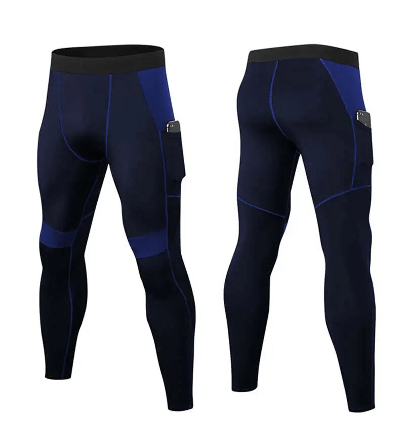 Elastic Tight Men's Leggings with Side Pocket for Training, SF1569, navy color, front and back view