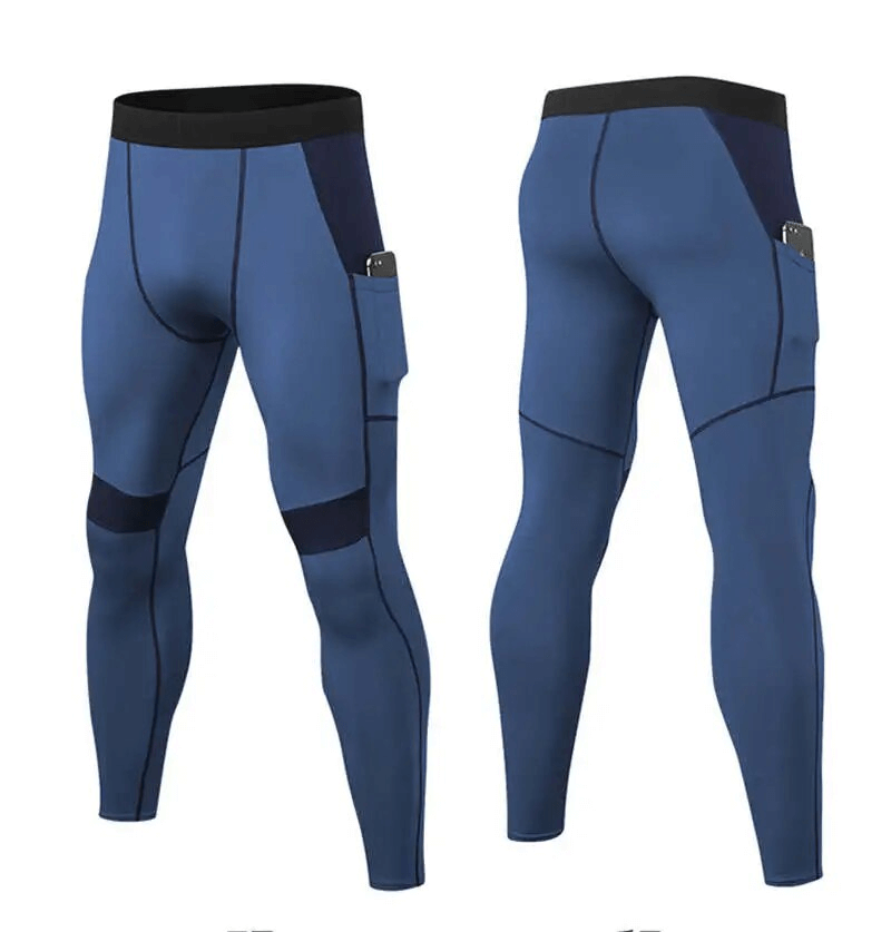 Elastic men's leggings with side pocket, perfect for training and running. Made with quick-drying fabric for ventilation and durability.