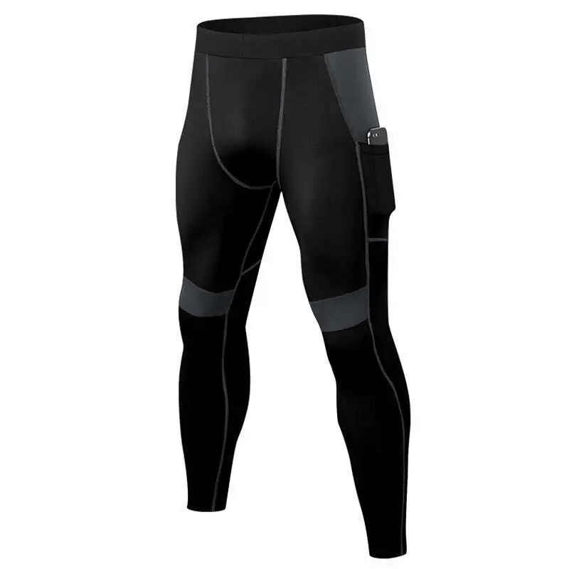 Elastic tight men's leggings with side pocket in black, perfect for training. Features quick-drying, breathable fabric for optimal comfort and performance.