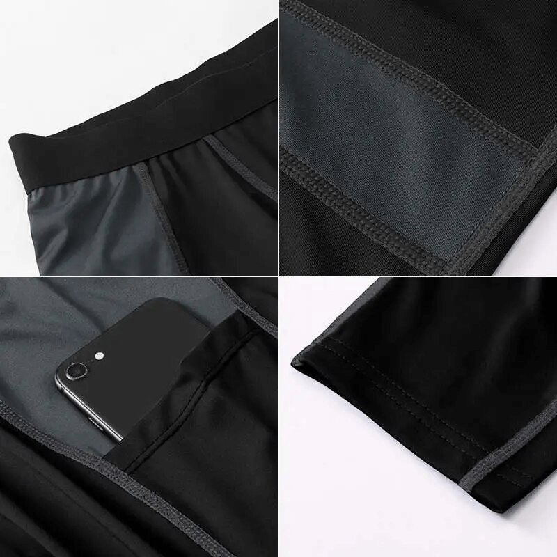Close-up of black men's leggings with side pocket, highlighting durable, breathable fabric and full-length fit for training.