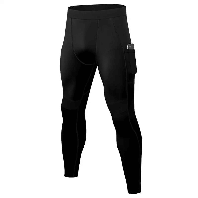 Black elastic tight men's leggings with side pocket, ideal for training and running, showcasing durable, quick-dry fabric. Model SF1569.