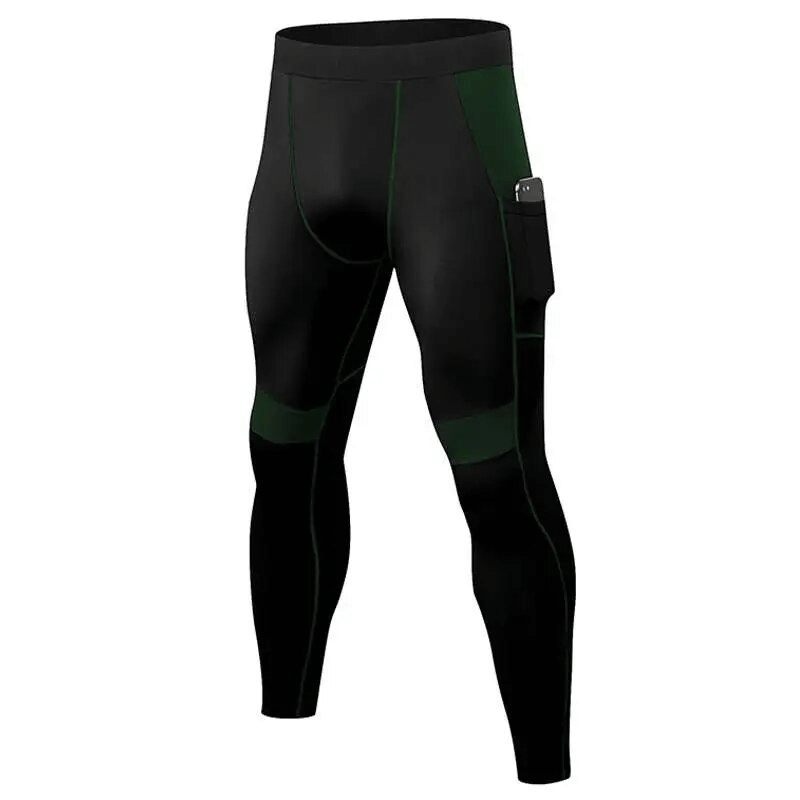 Elastic Tight Men's Leggings with Side Pocket for Training - Black with Green Accents, Ideal for Running and Sports