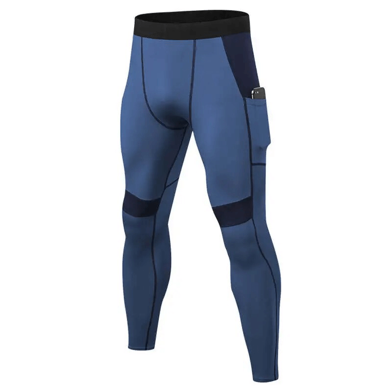 Men's blue elastic tight leggings with side pocket, perfect for training, featuring quick-drying fabric for running and sports.