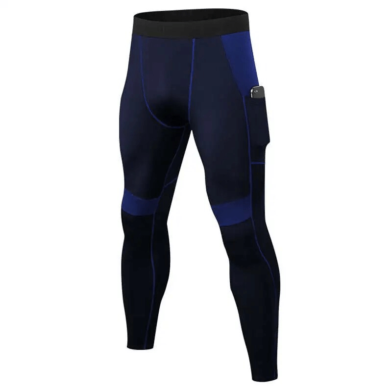Men's elastic tight leggings with side pocket, ideal for training and running. Breathable, quick-dry fabric, full-length with stylish blue design.