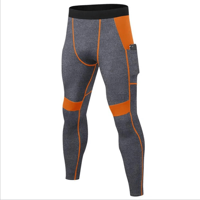 Gray and orange men's leggings with side pocket, perfect for training and sports, featuring quick-drying elastic material, SF1569.