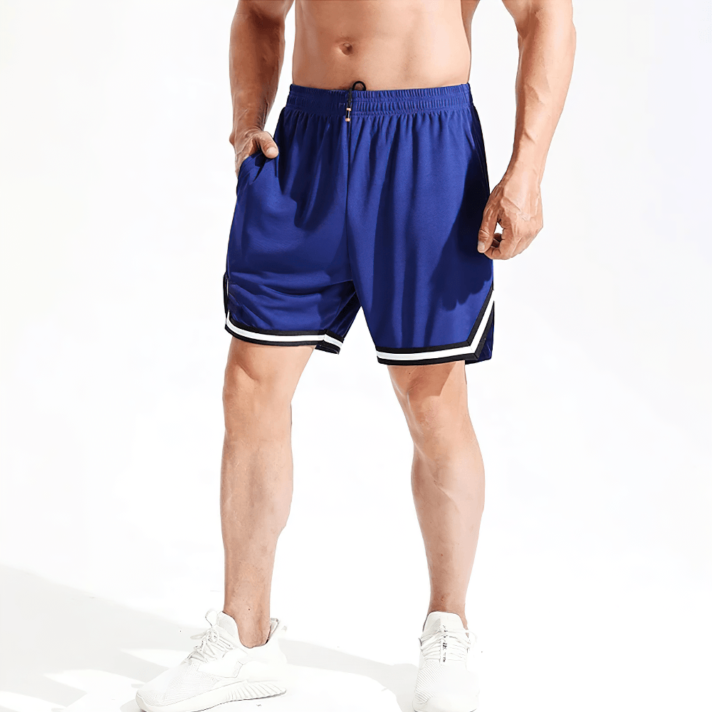 Alt Tag: Elastic Waist Gym and Jogging Basketball Shorts - SF4449 blue men’s athletic shorts with pockets, drawstring waist, contrast trim
