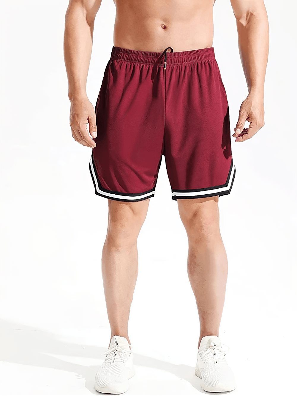 Alt Tag: Elastic Waist Gym and Jogging Basketball Shorts - SF4449 men’s burgundy athletic shorts with drawstring waist, side pockets, contrast trim