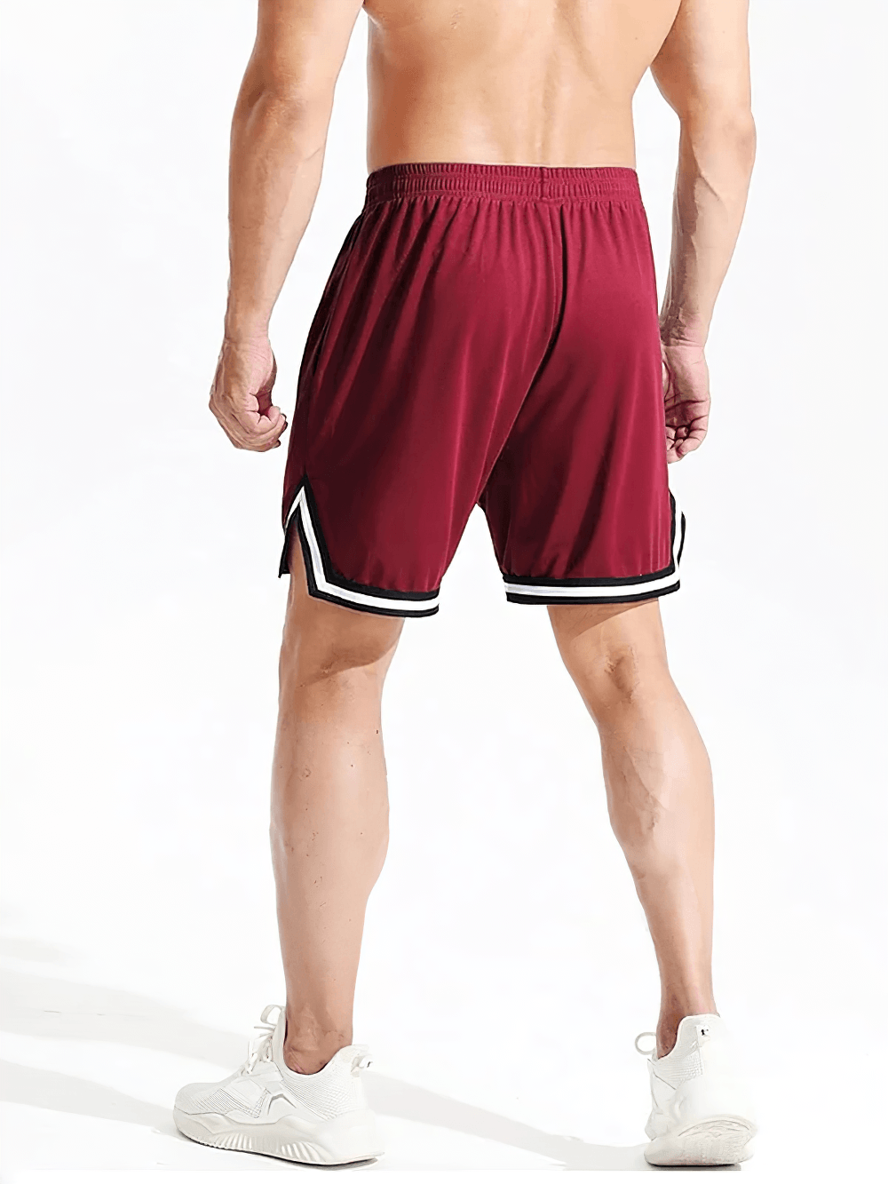 Alt Tag: Elastic Waist Gym and Jogging Basketball Shorts - SF4449 burgundy men's athletic shorts with elastic waist, side pockets, contrast trim
